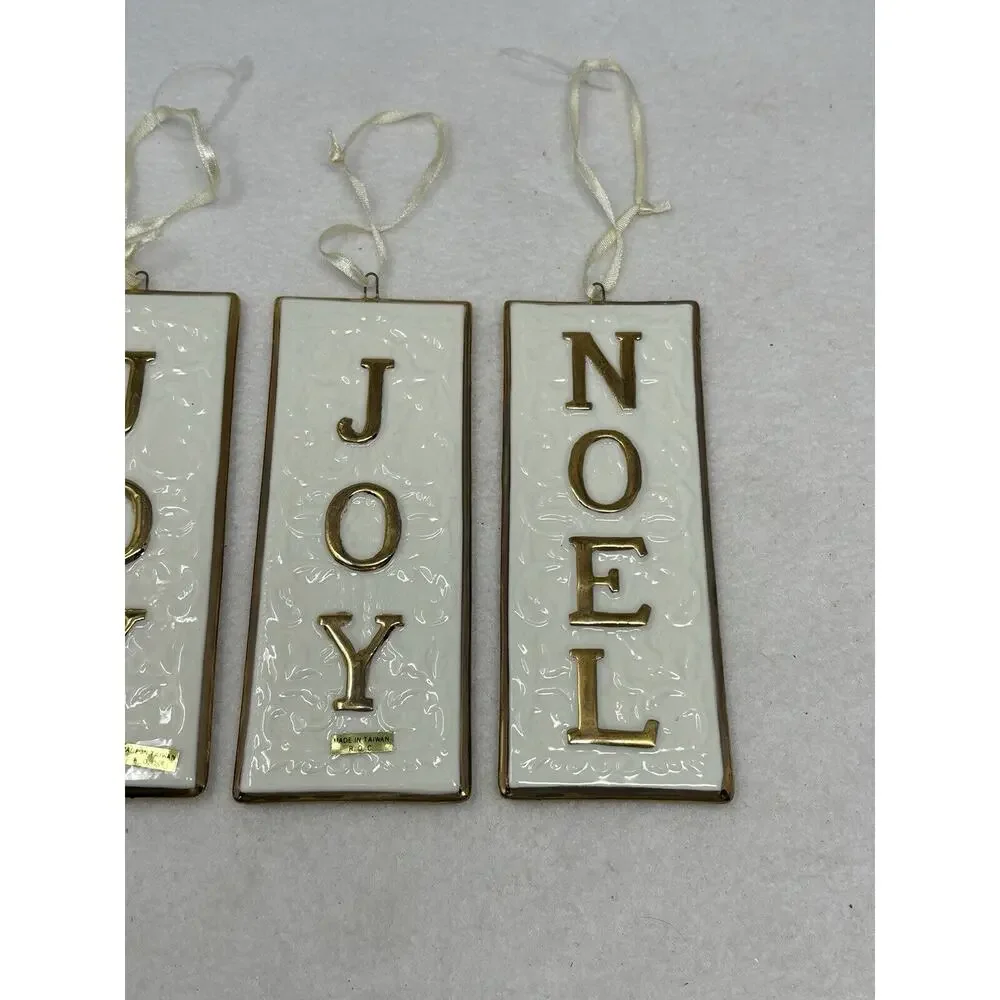 Vintage Set of 4 Porcelain‎ NOEL JOY Christmas Ornaments White Gold Floral